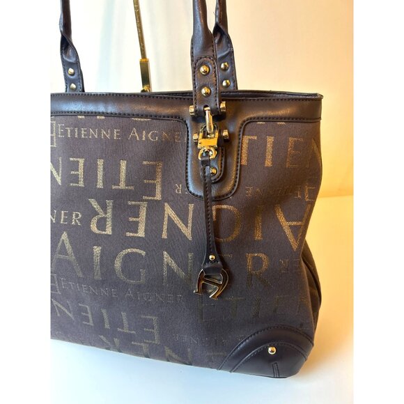 Etienne Aigner Signature Canvas Leather Edge Tote Shoulder Bag Chocolate Brown - Picture 9 of 16